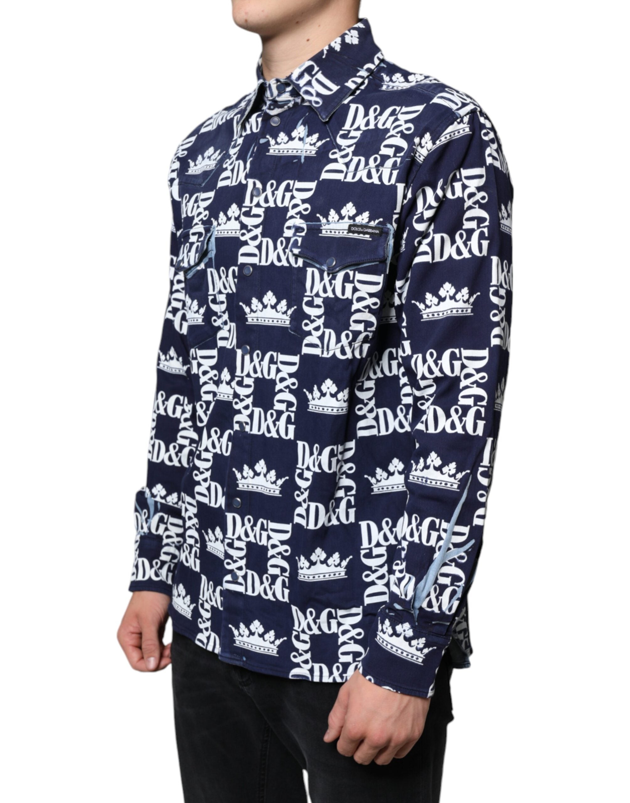 Dolce & Gabbana Blå Kronlogotyptryck Slim Fit Bomullsskjorta
