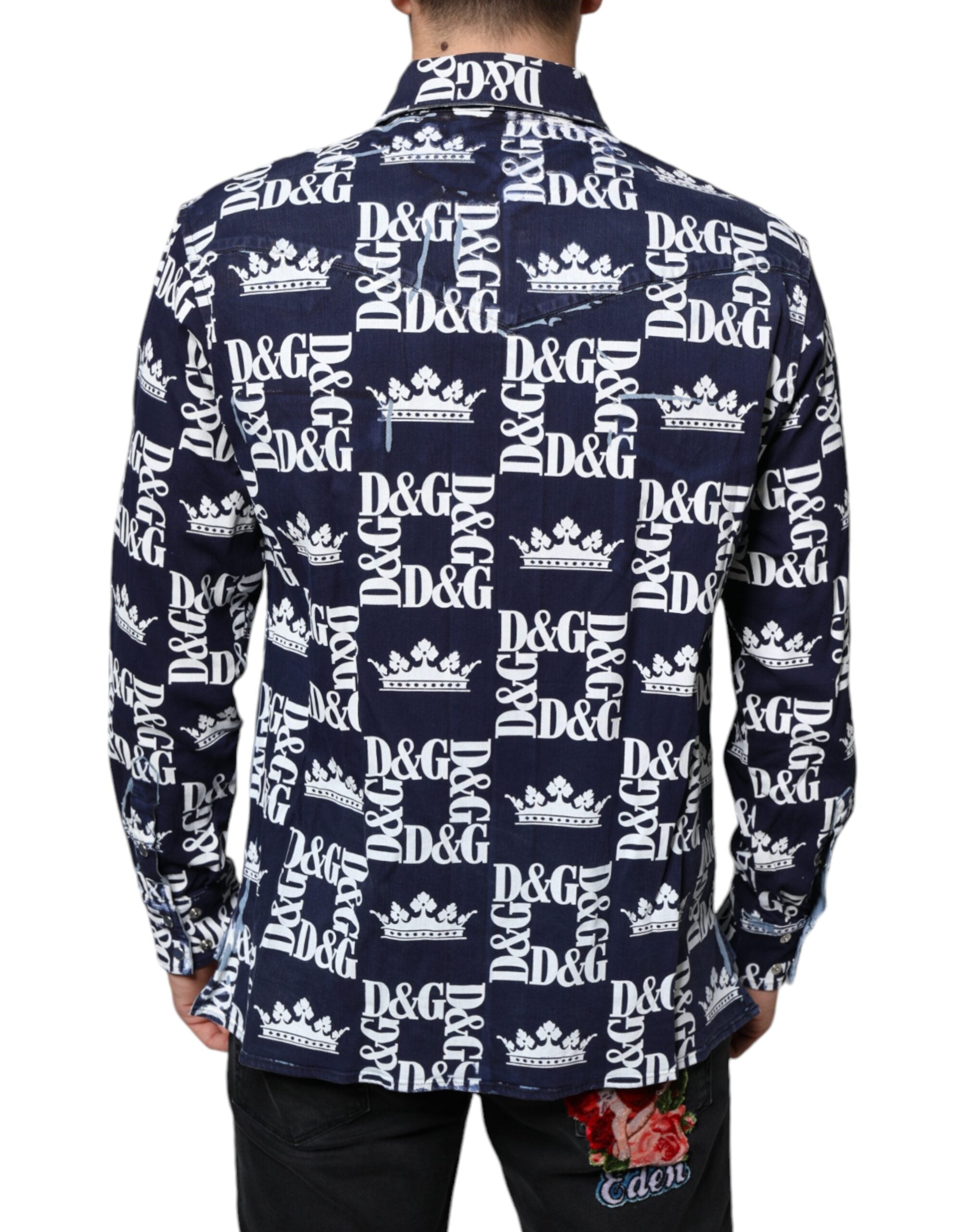 Dolce & Gabbana Blå Kronlogotyptryck Slim Fit Bomullsskjorta