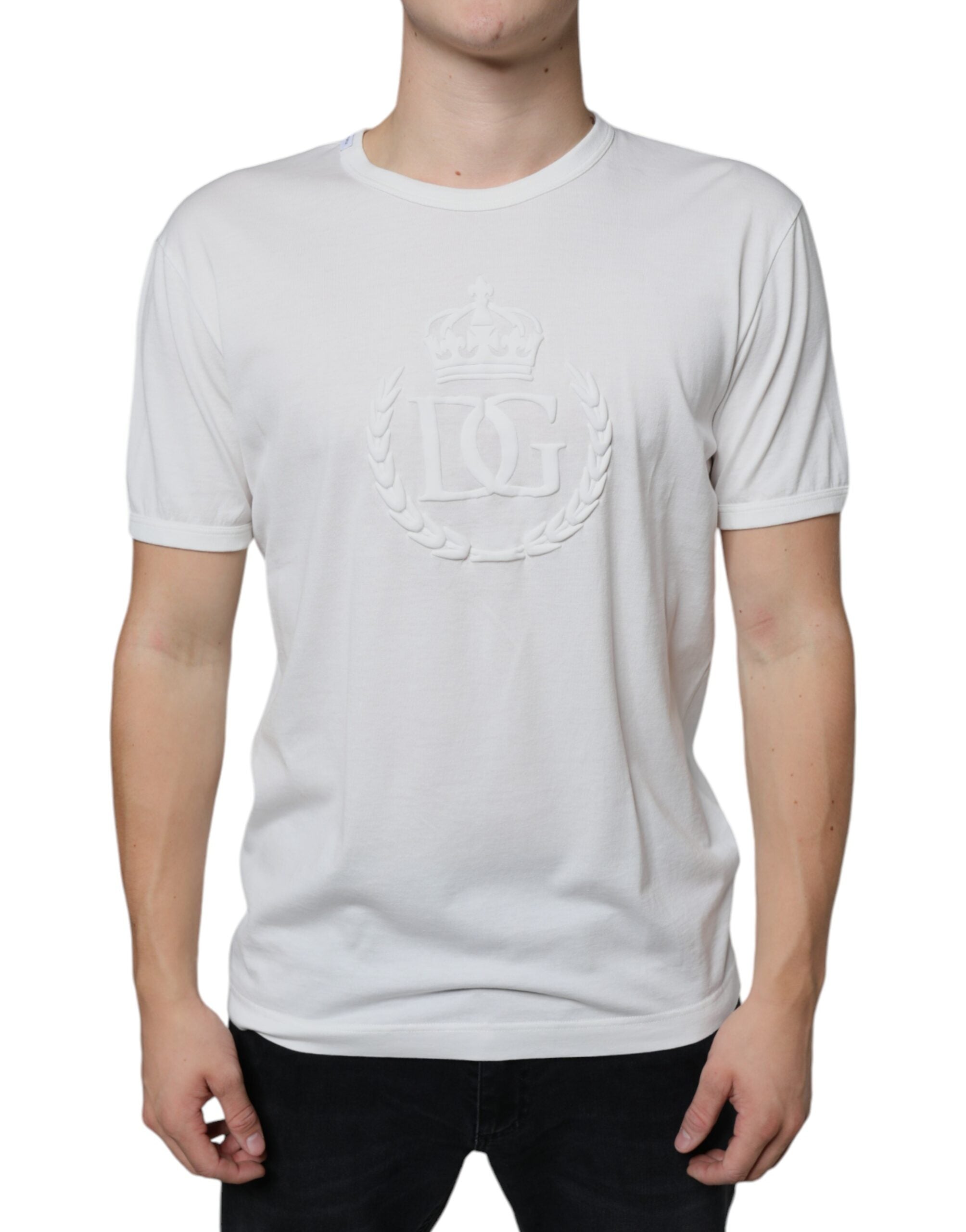 Dolce & Gabbana Vit t-shirt med präglad bomullsringning och logotyp