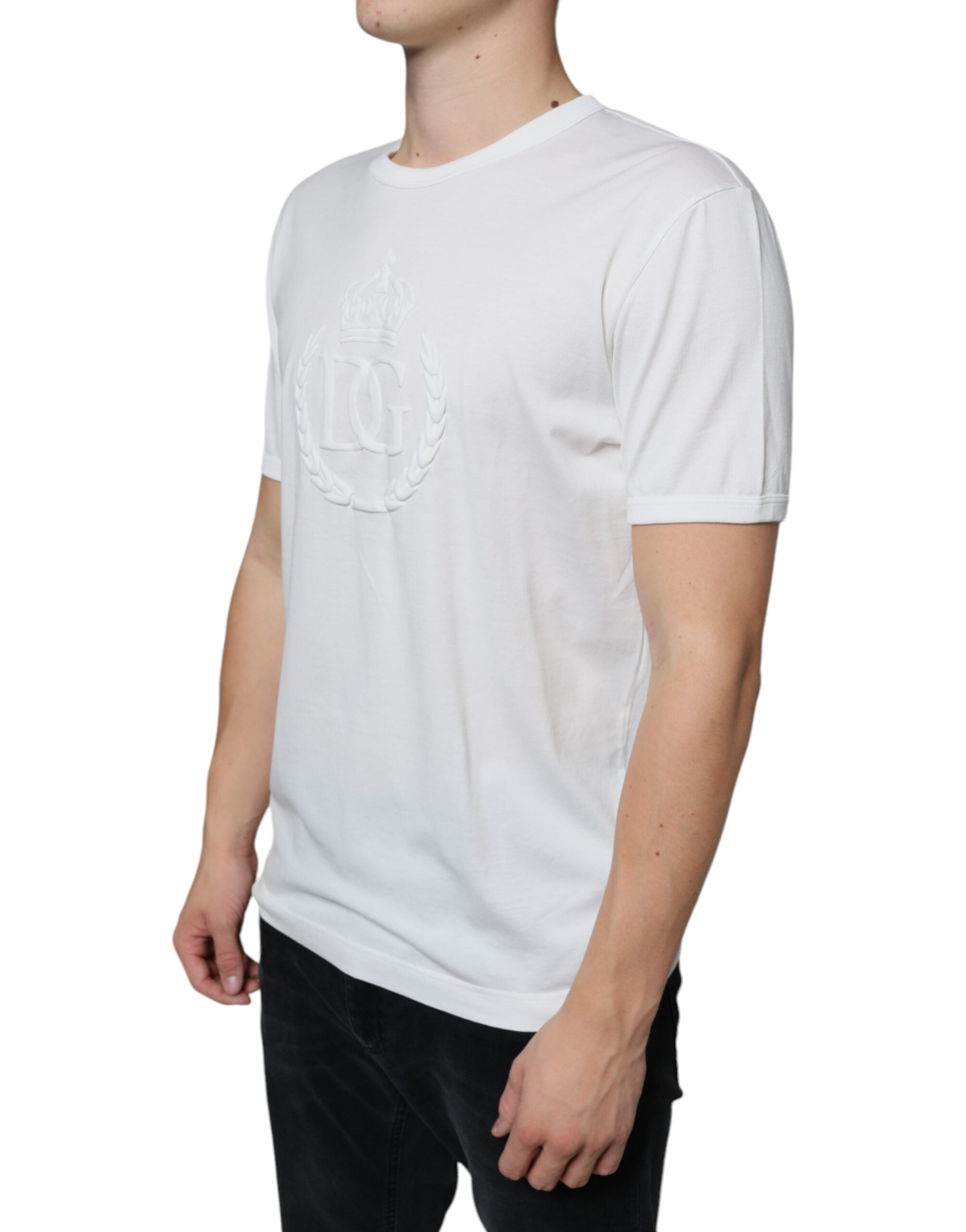 Dolce & Gabbana Vit t-shirt med präglad bomullsringning och logotyp