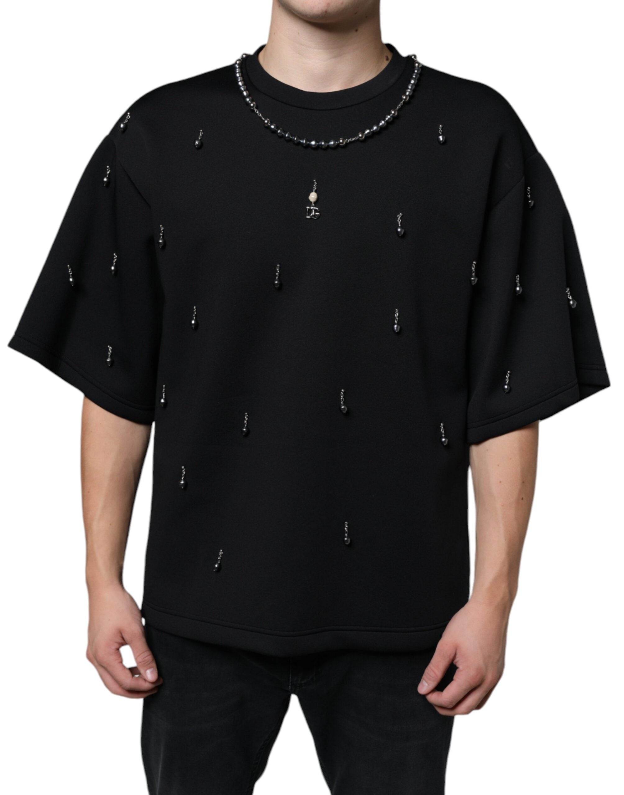 Dolce & Gabbana Svart Polyester Halsband Utsmyckad T-shirt