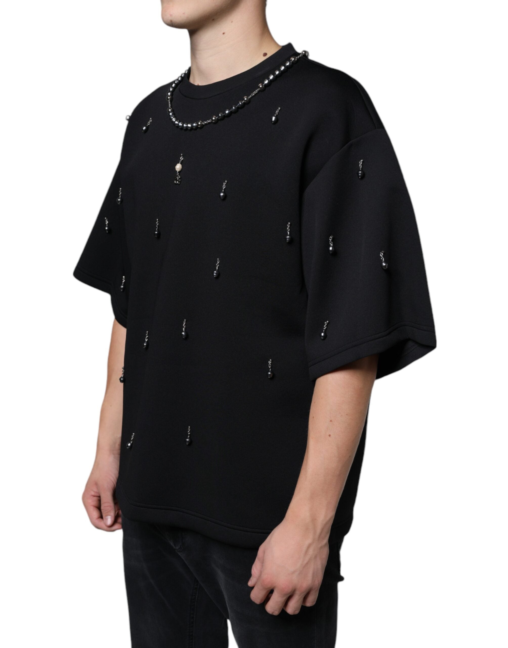 Dolce & Gabbana Svart Polyester Halsband Utsmyckad T-shirt