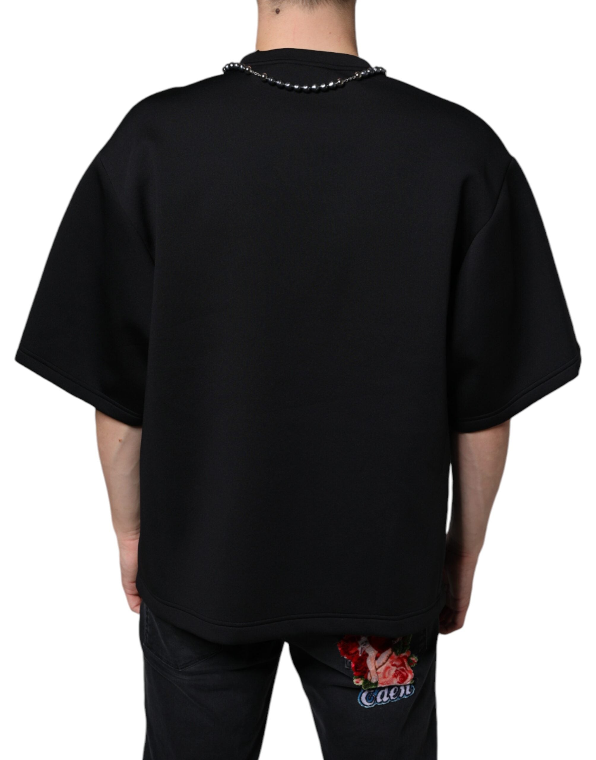 Dolce & Gabbana Svart Polyester Halsband Utsmyckad T-shirt