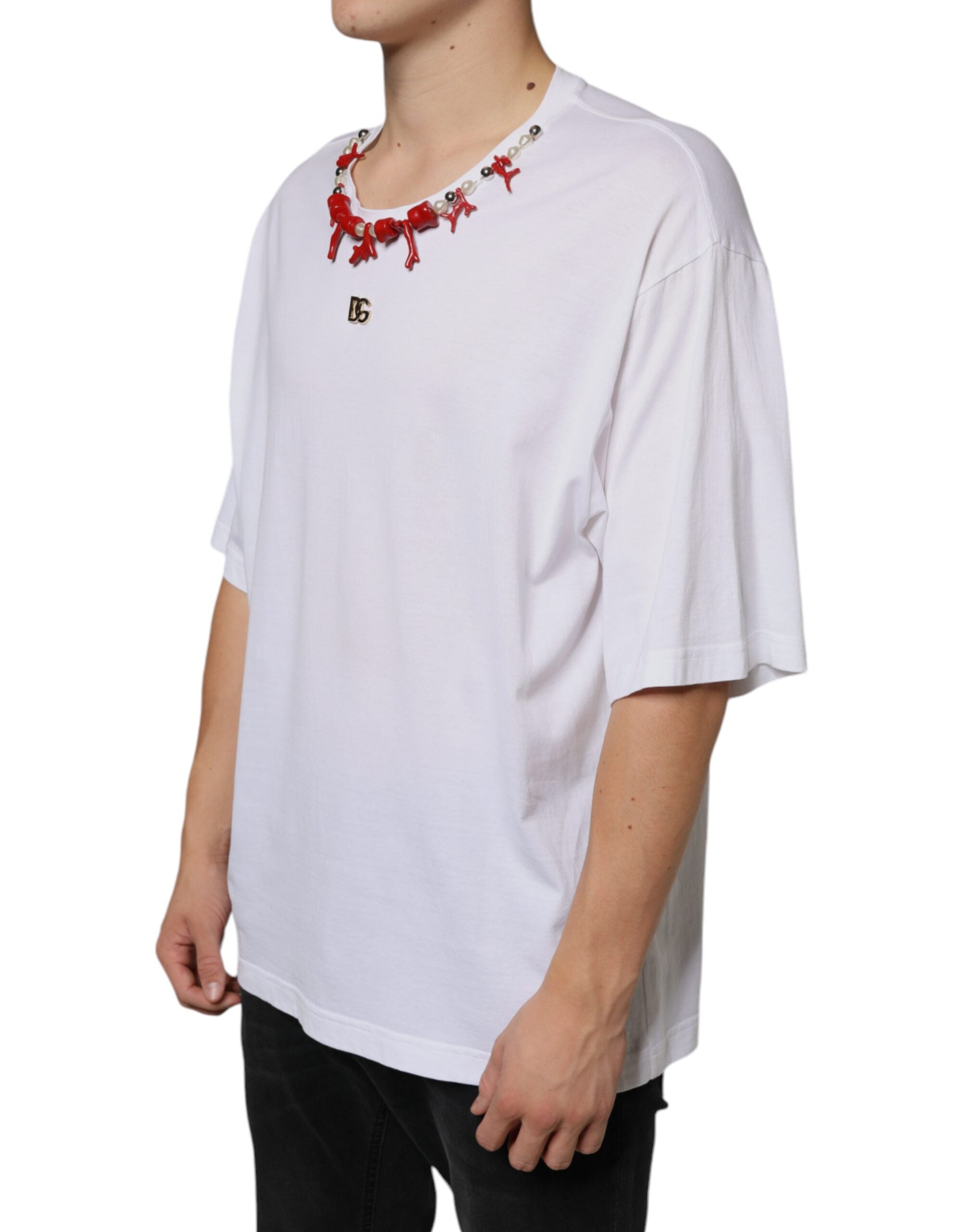 Dolce & Gabbana Vit bomullshalsbands-t-shirt med utsmyckning