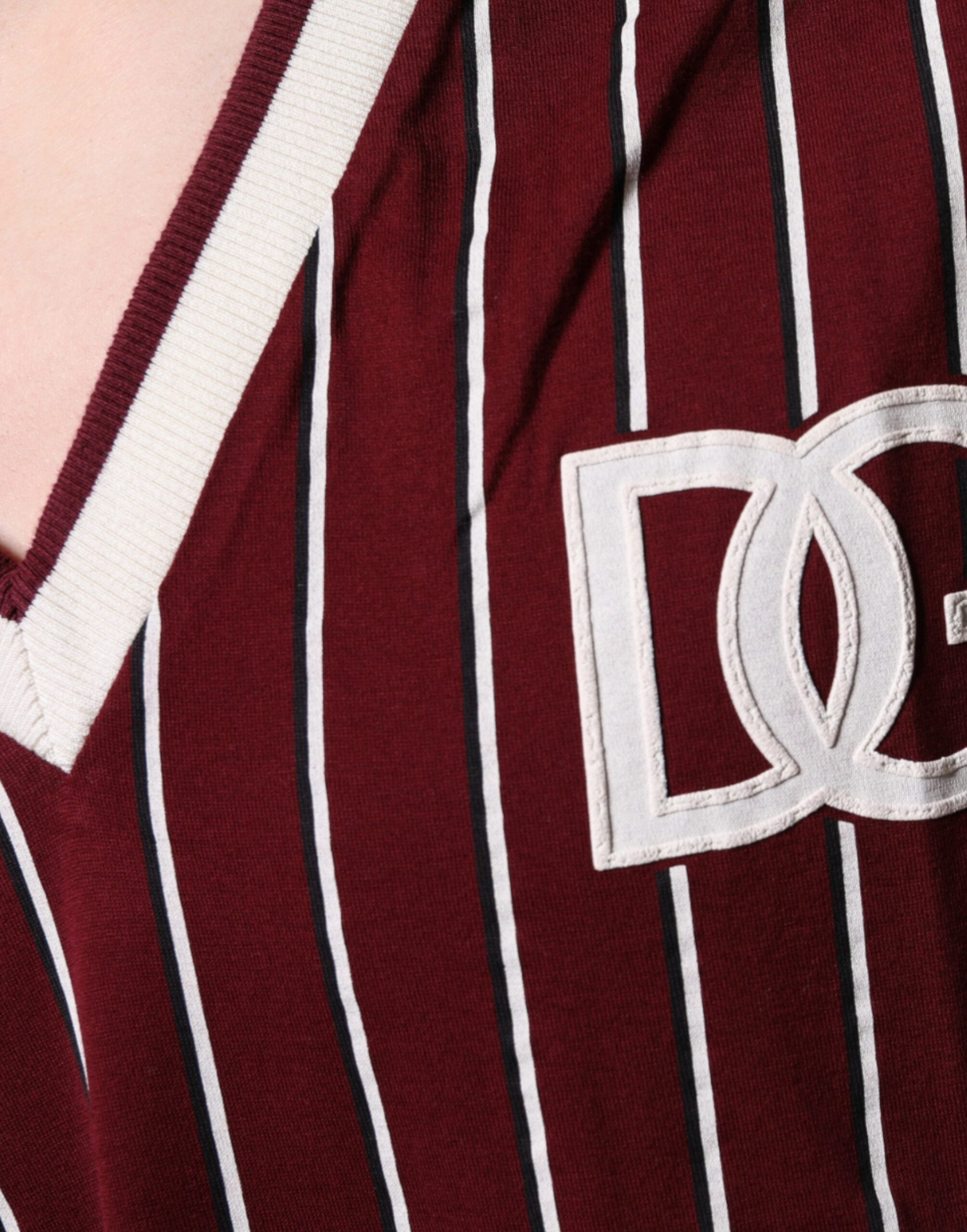 Dolce & Gabbana Rödbrun Randig Bomullslogotyp V-ringad T-shirt