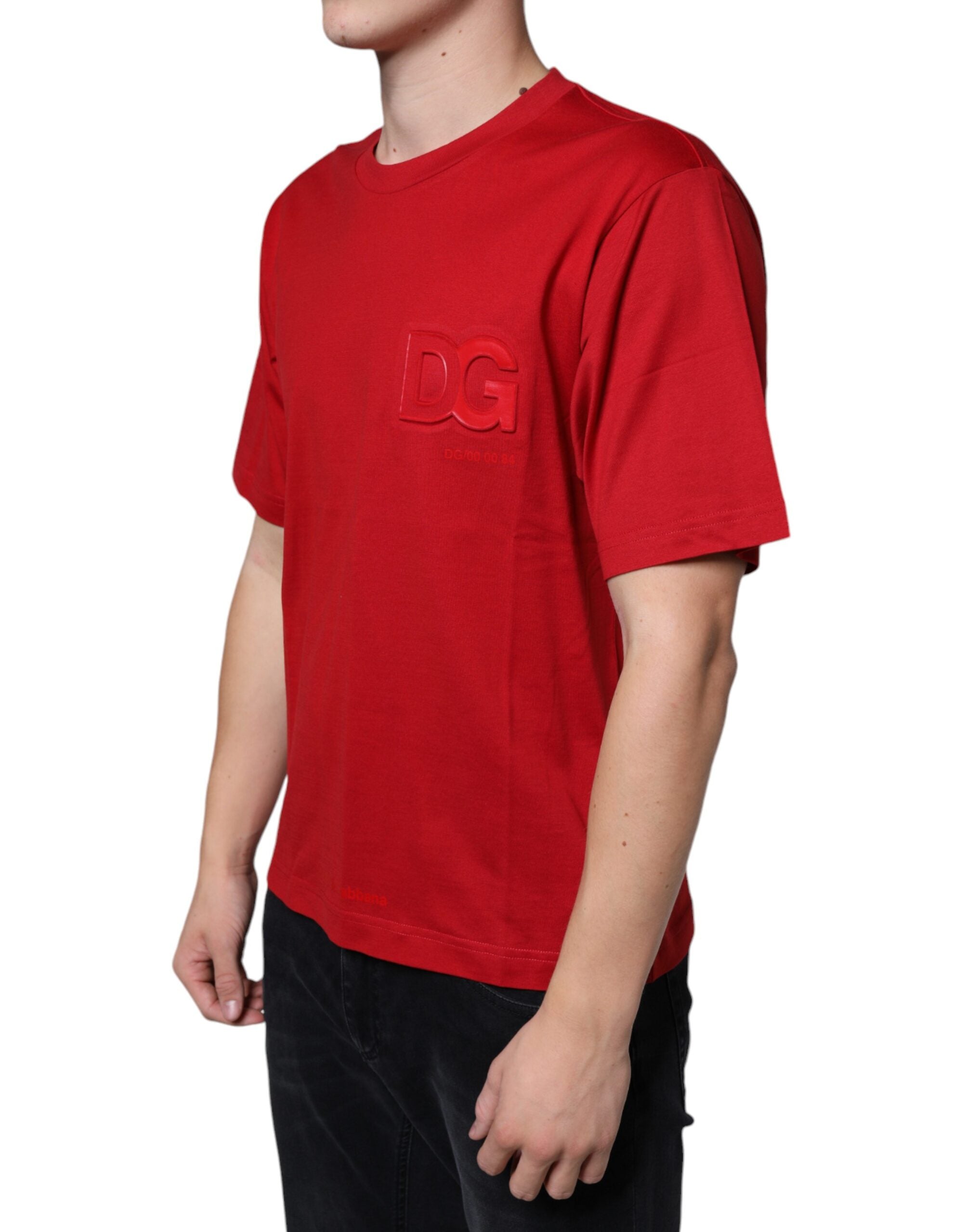Dolce & Gabbana Röd Bomulls-T-shirt med DG-logotyp och Rund Halsringning