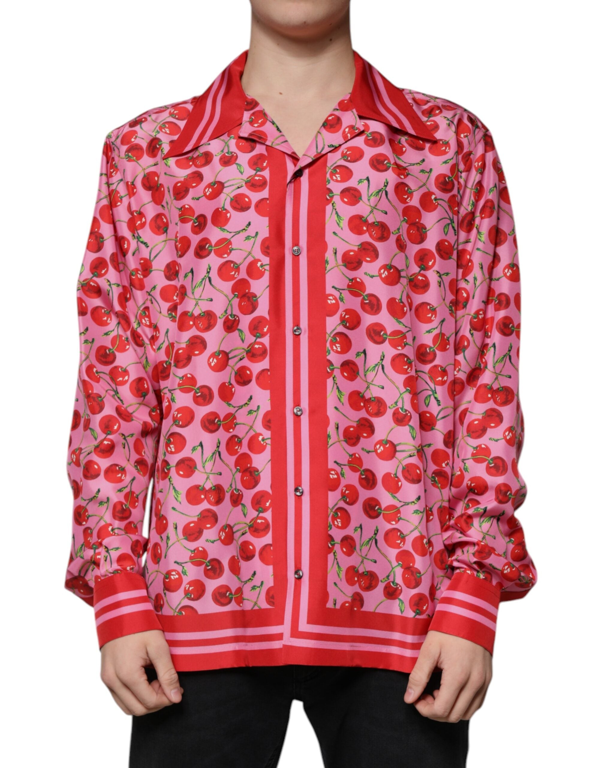 Dolce & Gabbana Rosa Körsbärssidenskjorta med Knappar och Avslappnad Tryck