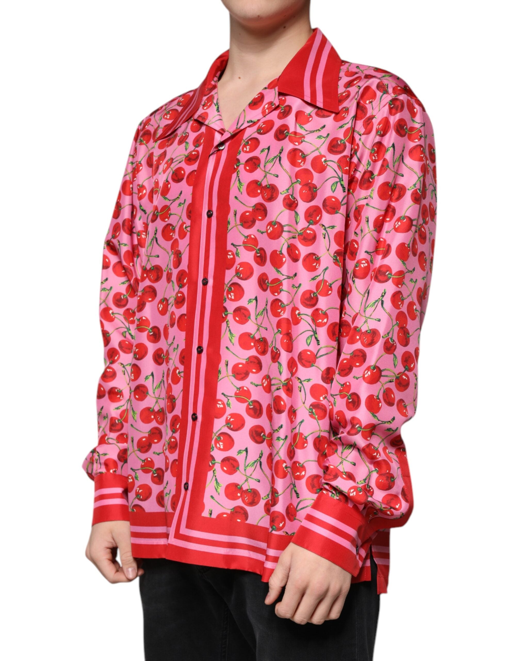 Dolce & Gabbana Rosa Körsbärssidenskjorta med Knappar och Avslappnad Tryck