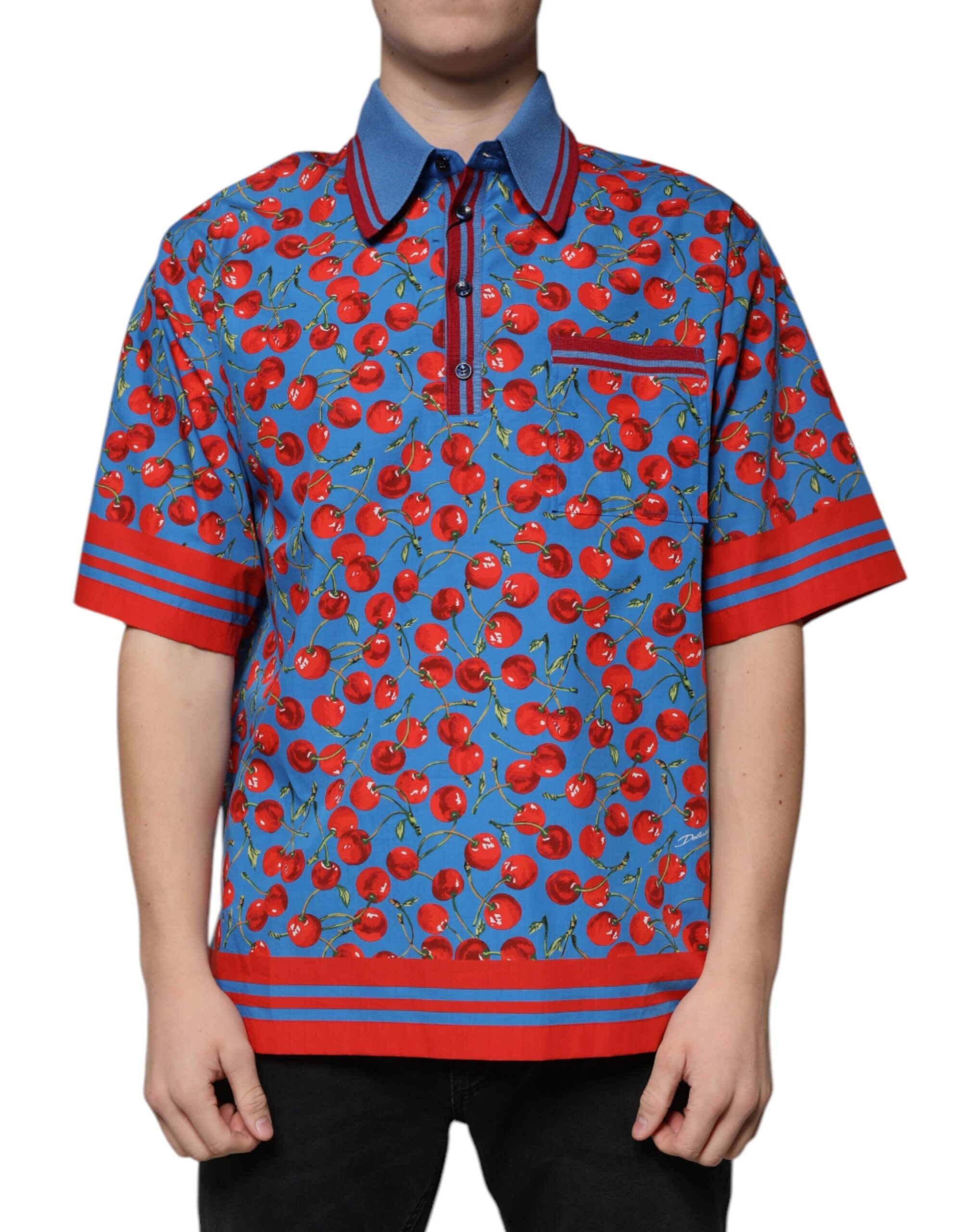 Dolce & Gabbana Blå Körsbärsbomullskrage Herrpolo T-shirt