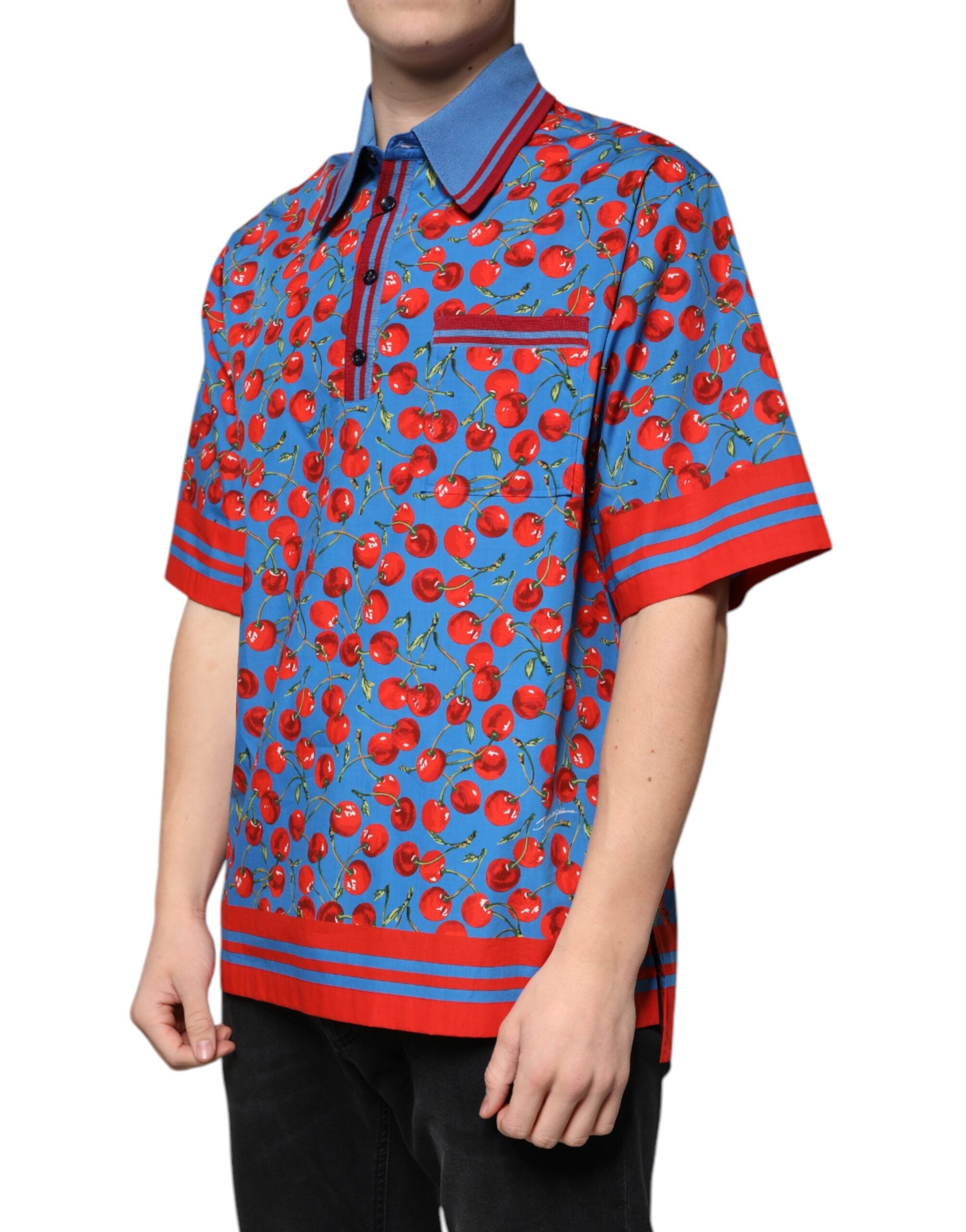 Dolce & Gabbana Blå Körsbärsbomullskrage Herrpolo T-shirt