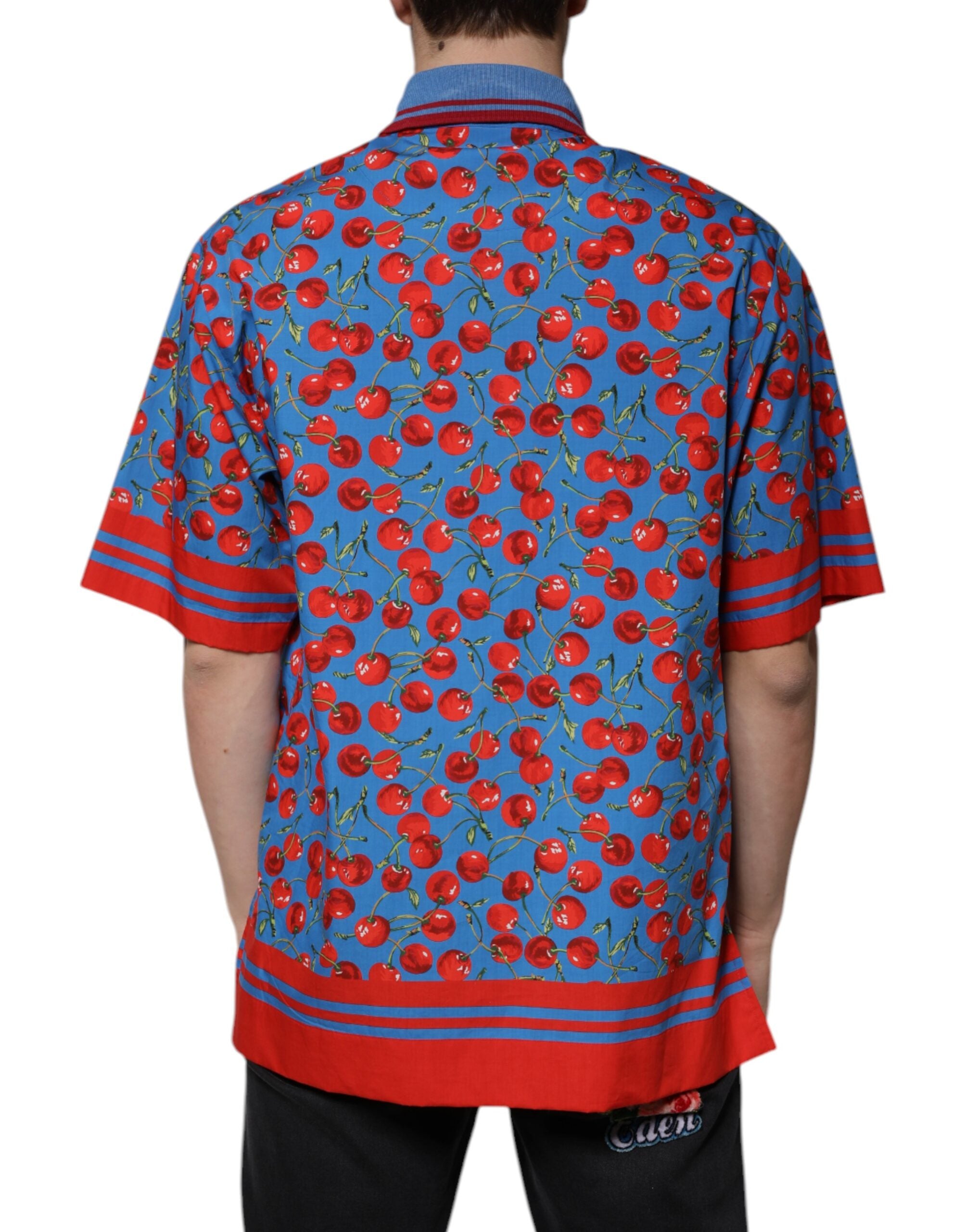 Dolce & Gabbana Blå Körsbärsbomullskrage Herrpolo T-shirt