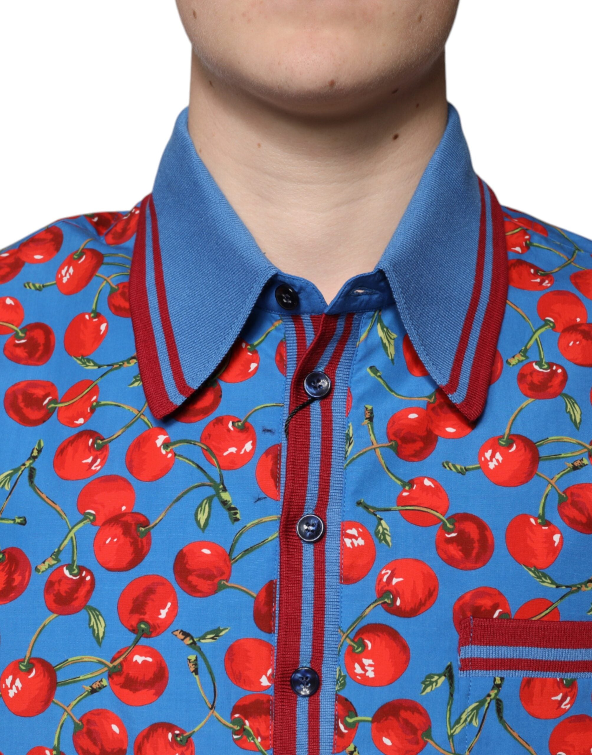 Dolce & Gabbana Blå Körsbärsbomullskrage Herrpolo T-shirt