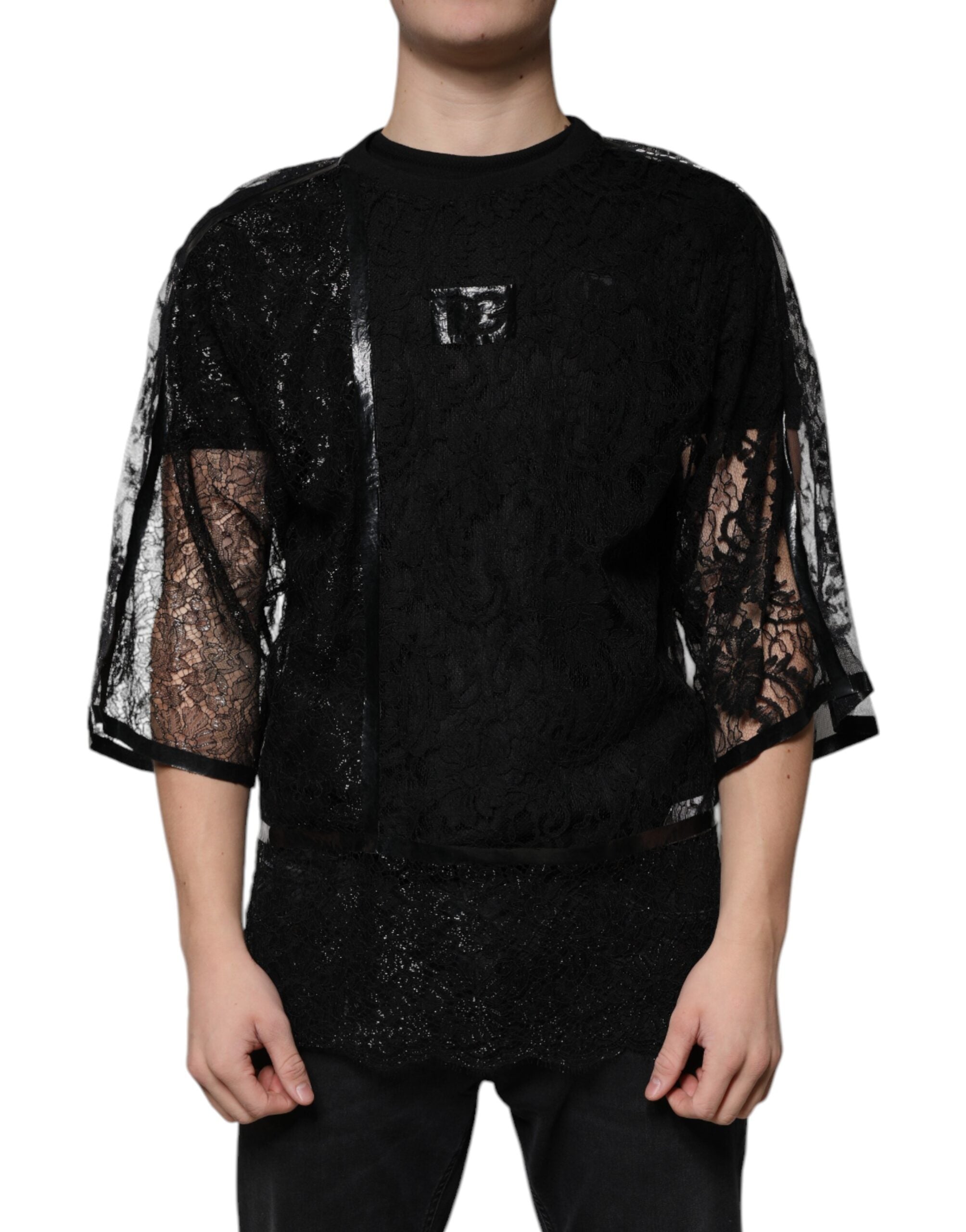 Dolce & Gabbana Svart Nylon Blommig Spets Rundringad T-shirt
