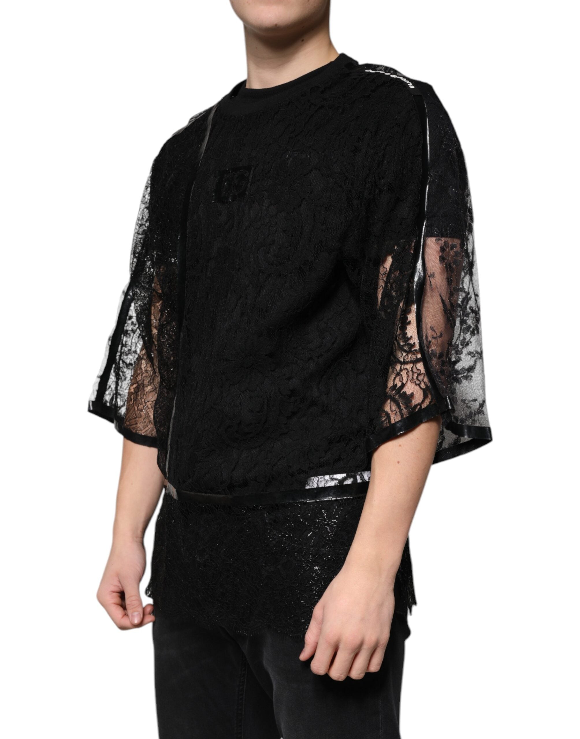 Dolce & Gabbana Svart Nylon Blommig Spets Rundringad T-shirt
