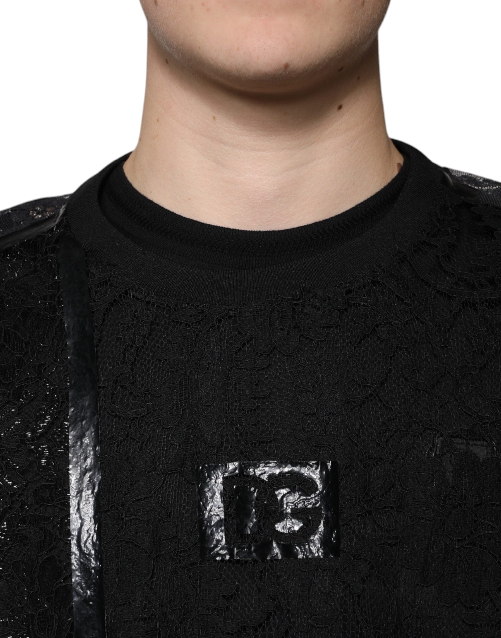 Dolce & Gabbana Svart Nylon Blommig Spets Rundringad T-shirt