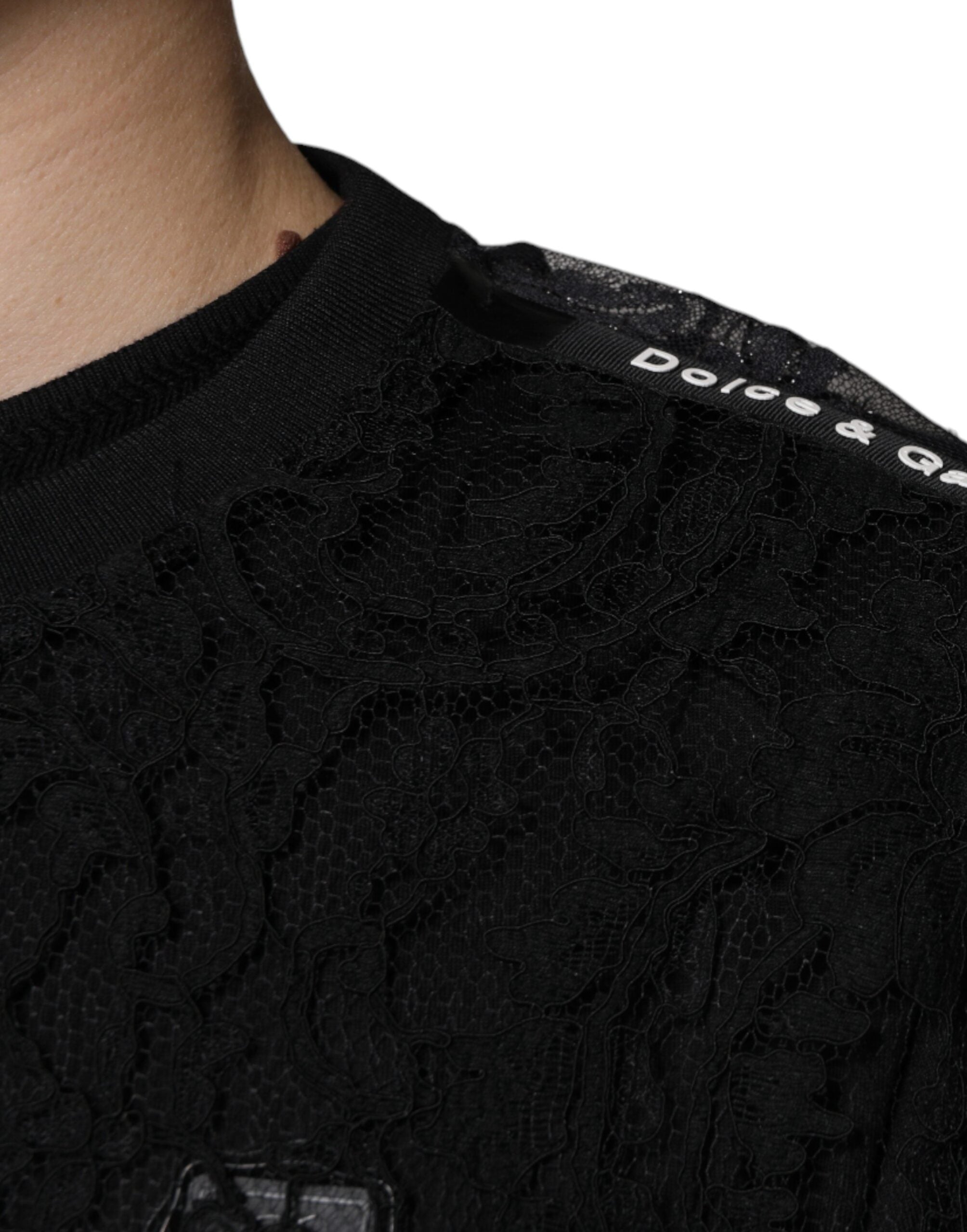 Dolce & Gabbana Svart Nylon Blommig Spets Rundringad T-shirt