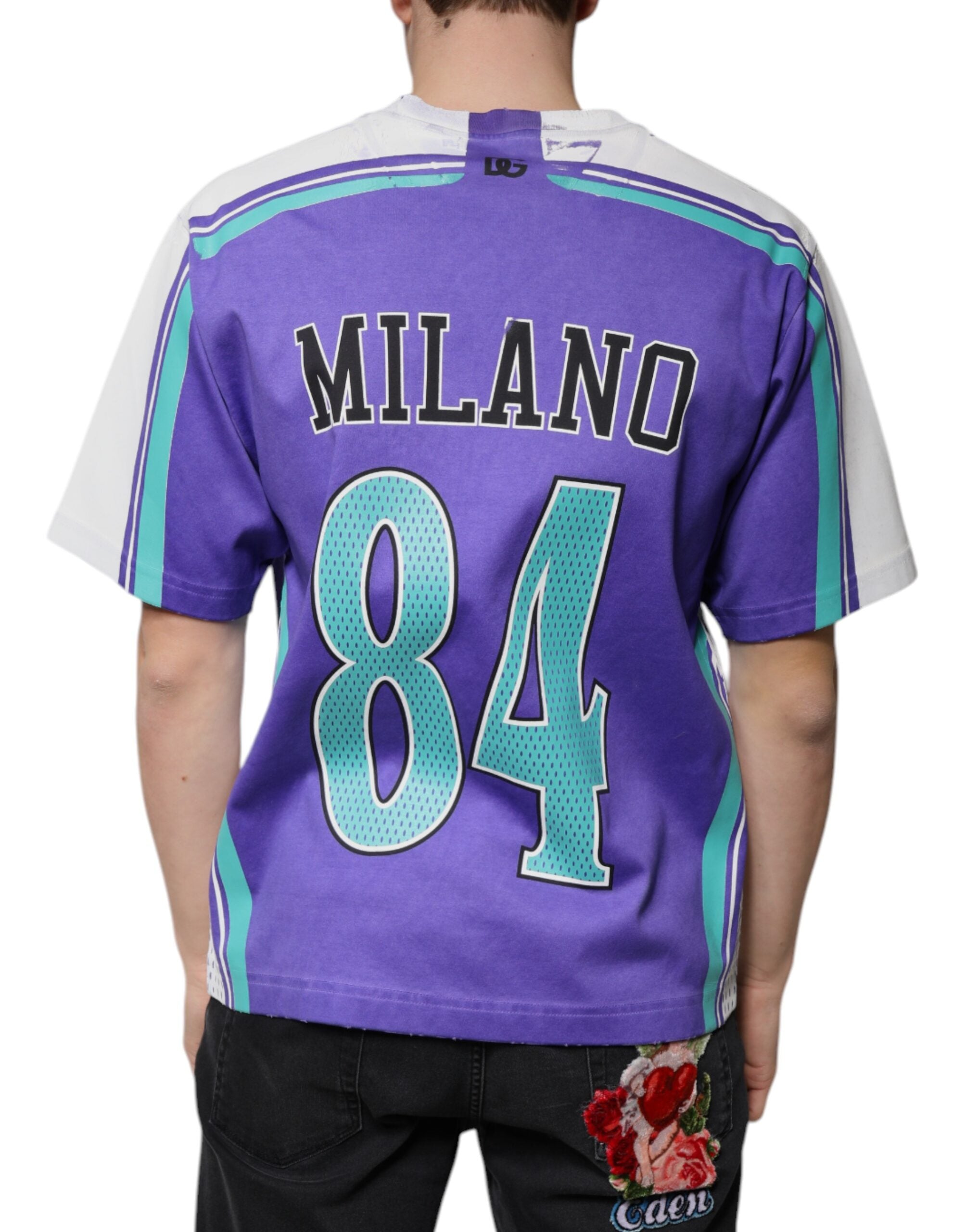 Dolce & Gabbana Lila Logo Jersey Bomulls T-shirt Med V-ringning