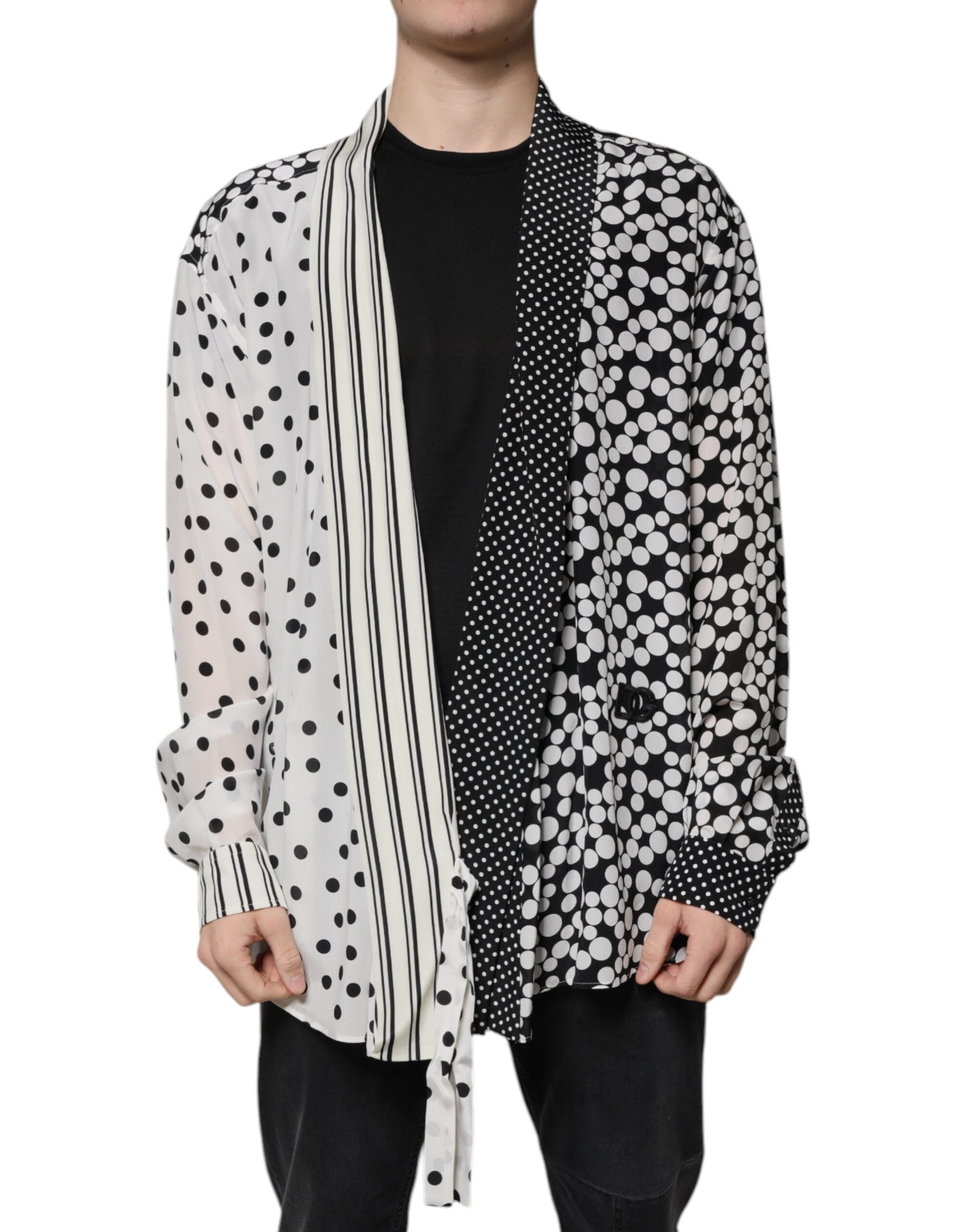 Dolce & Gabbana Svart Vit Prickig Sidenskjorta Herr Casual