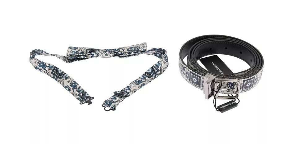 Dolce & Gabbana Vit Blå Sidenfluga Läderbälte Presentask Set