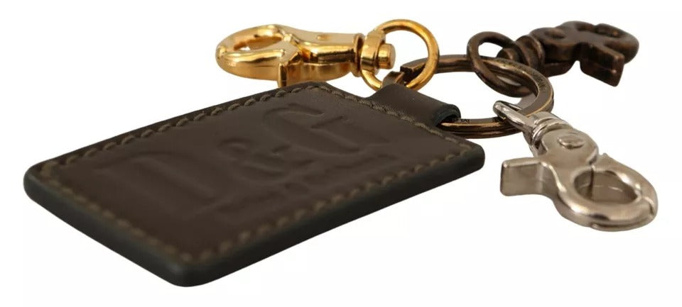 Dolce & Gabbana Grön Läder D&G Logotyp Metallring Krok Nyckelring