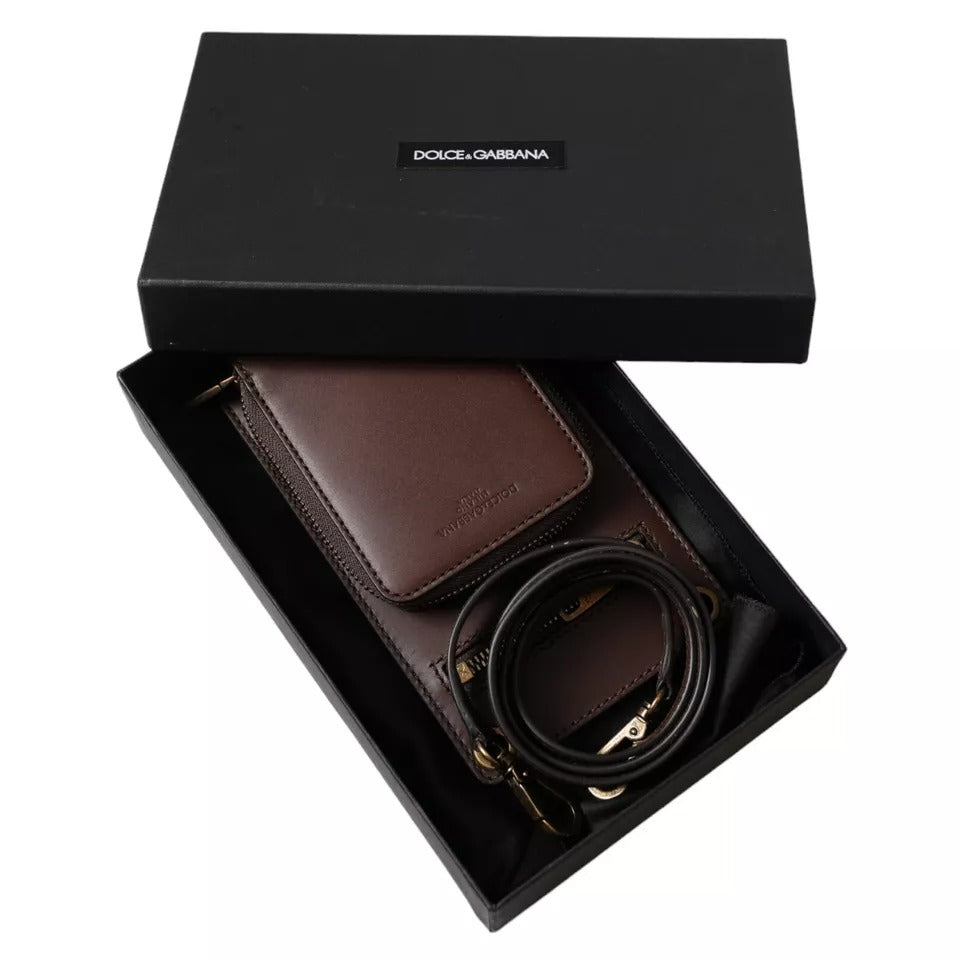 Dolce & Gabbana Brun Kalvskinnsplånbok med Dragkedja och Logotyp på Axeln och Halsrem