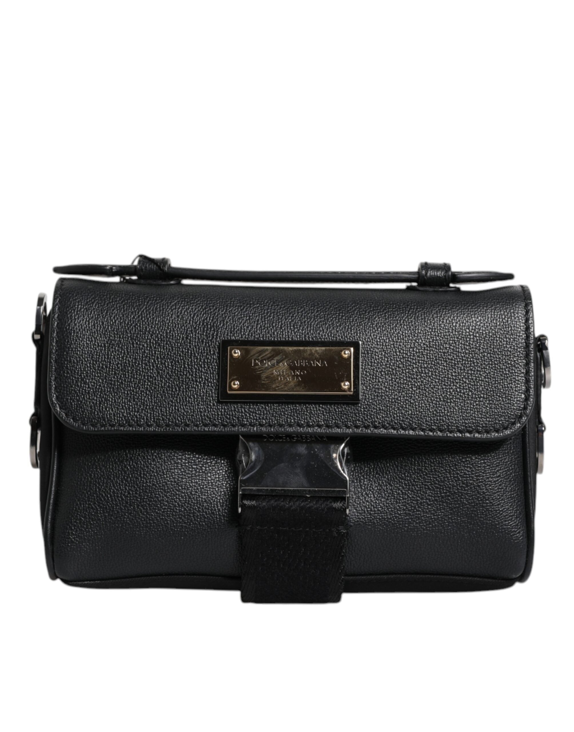 Dolce & Gabbana svart logotypplack i läder med spänne och axelremsväska