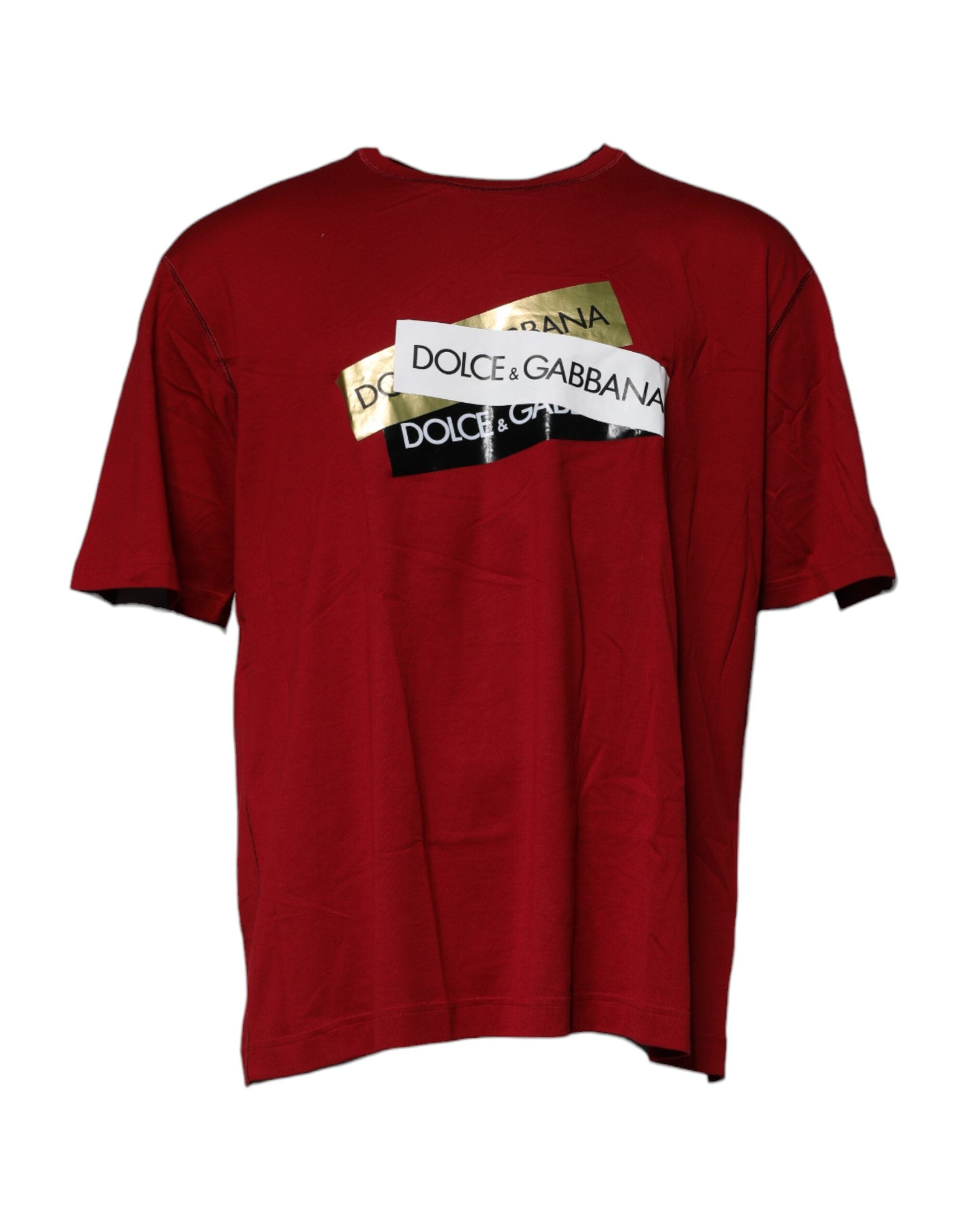 Dolce & Gabbana Röd Logotyptejp Bomulls-T-shirt med Rund Hals