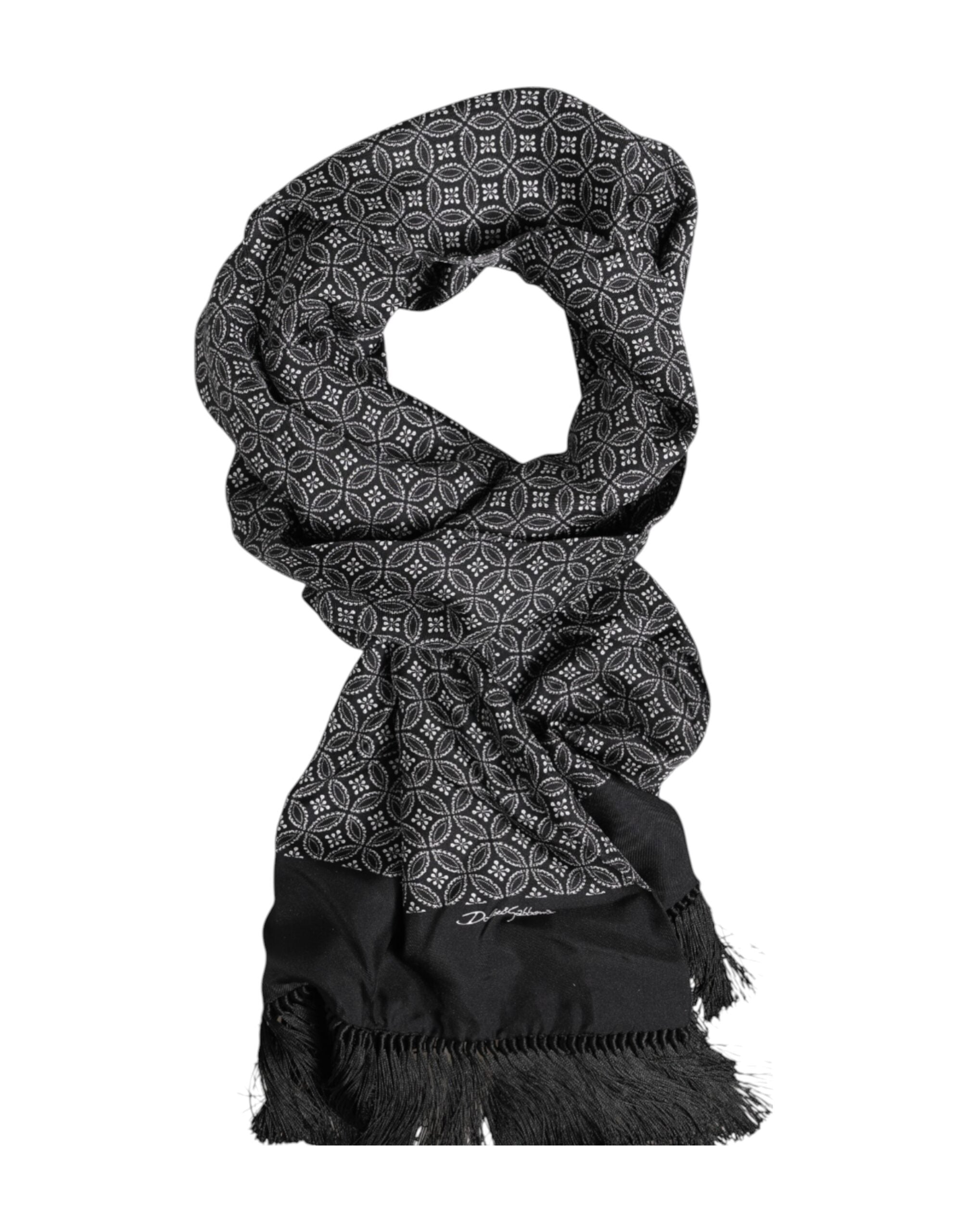 Dolce & Gabbana Svart Mönstrad Fransig Herr Foulard Halsduk