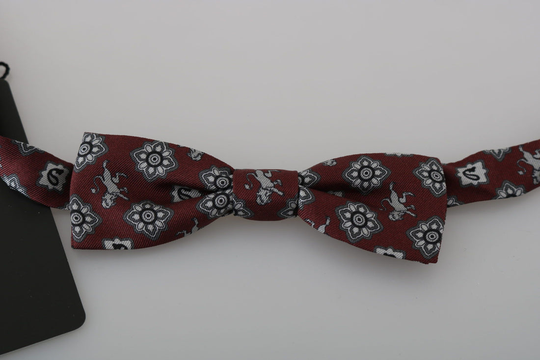 Dolce &amp; Gabbana Men Bordeaux Maroon Lion Silk Adjustable Neck Bow Tie
