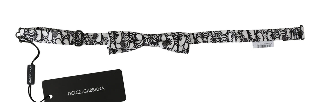 Dolce &amp; Gabbana White Pattern Silk Adjustable Neck Papillon Tie