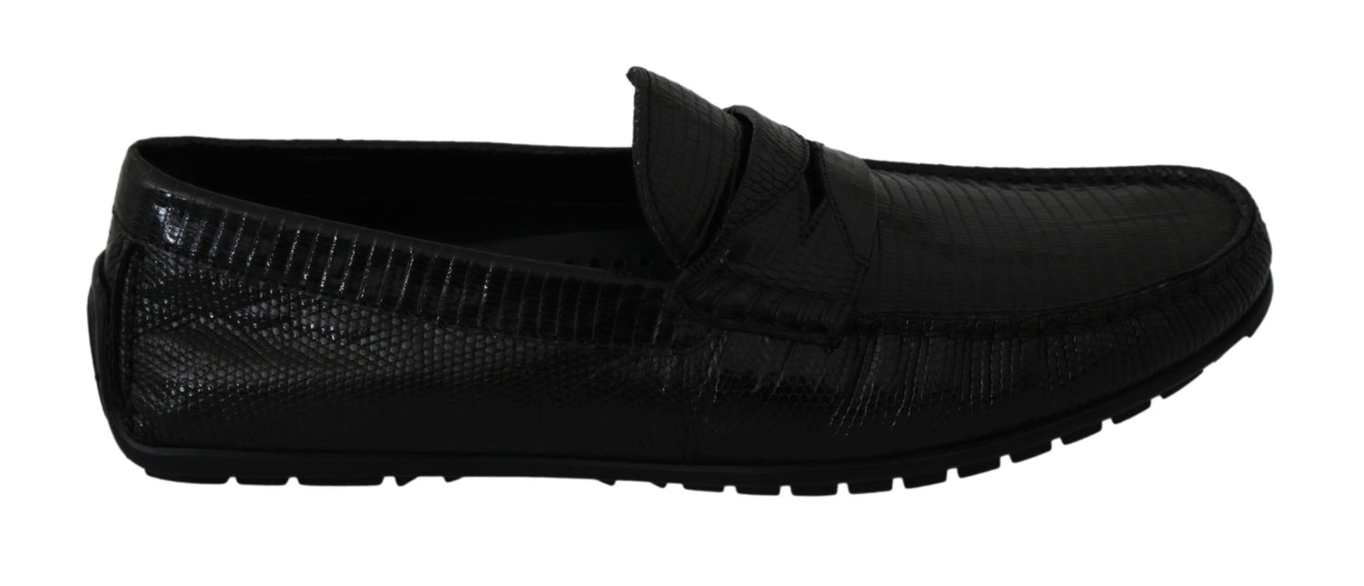 Dolce &amp;amp; Gabbana Black Lizard Läder Platta Loafers Skor