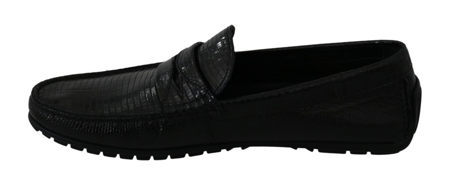 Dolce &amp;amp; Gabbana Black Lizard Läder Platta Loafers Skor