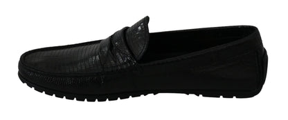 Dolce &amp;amp; Gabbana Black Lizard Läder Platta Loafers Skor
