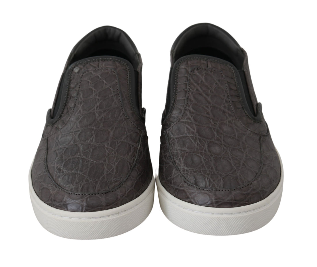Dolce &amp; Gabbana Gray Leather Flat Caiman Mens Loafers Shoes