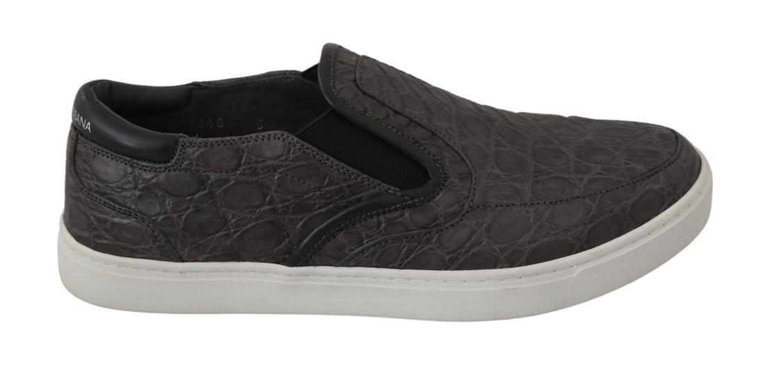 Dolce &amp; Gabbana Gray Leather Flat Caiman Mens Loafers Shoes