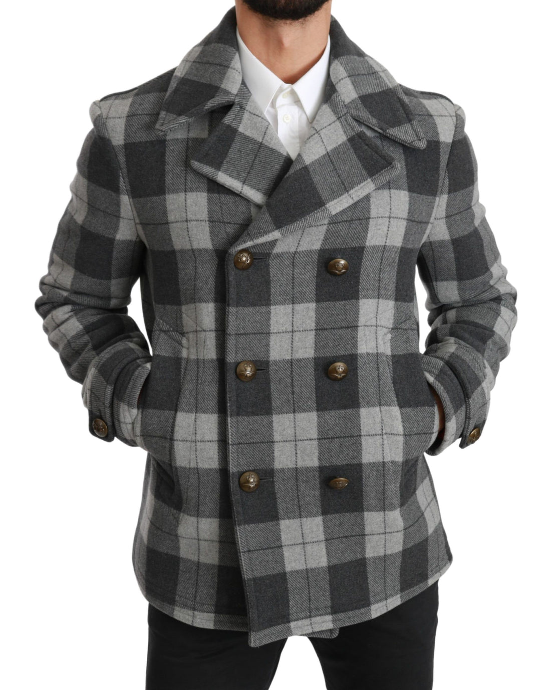 Dolce &amp; Gabbana Gray Check Wool Cashmere Coat Jacket