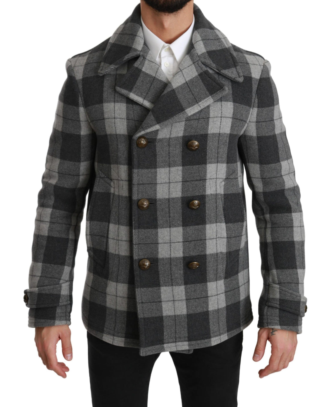 Dolce &amp; Gabbana Gray Check Wool Cashmere Coat Jacket