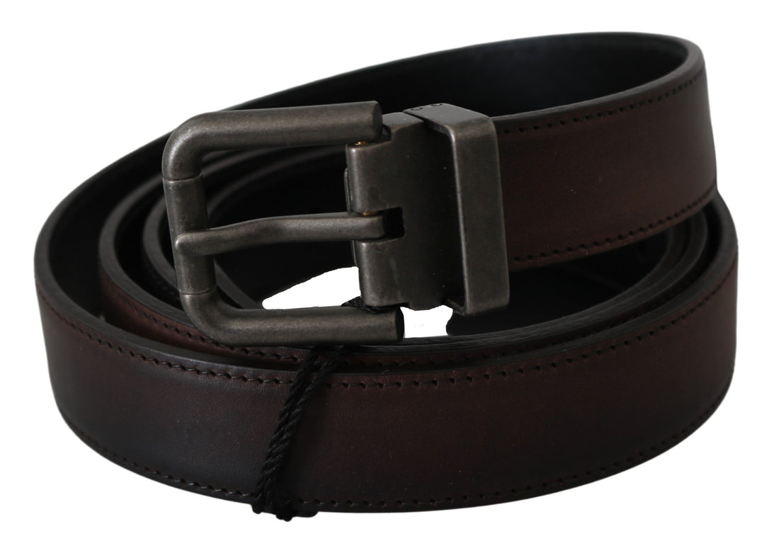 Dolce &amp; Gabbana Solid Brown Leather Gray Buckle Belt