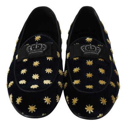 Dolce &amp;amp; Gabbana Blå Sammetskrona Tofflor Loafers Skor
