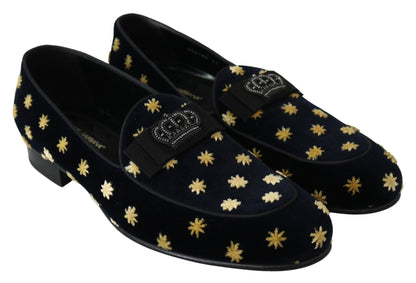 Dolce &amp;amp; Gabbana Blå Sammetskrona Tofflor Loafers Skor