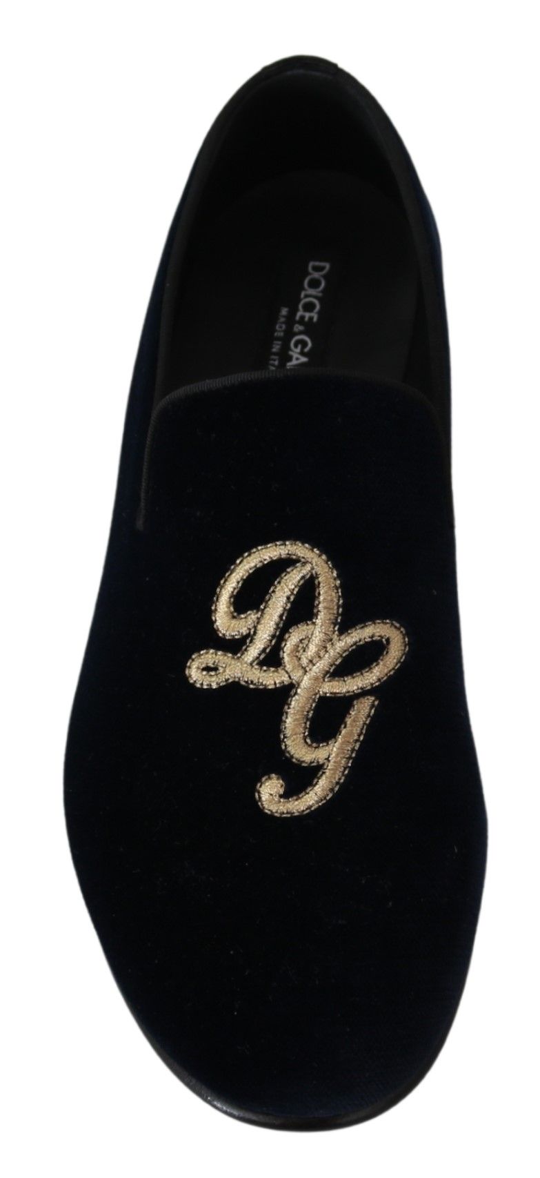 Dolce &amp; Gabbana Blue Velvet Gold Logo Slipper Loafers Shoes