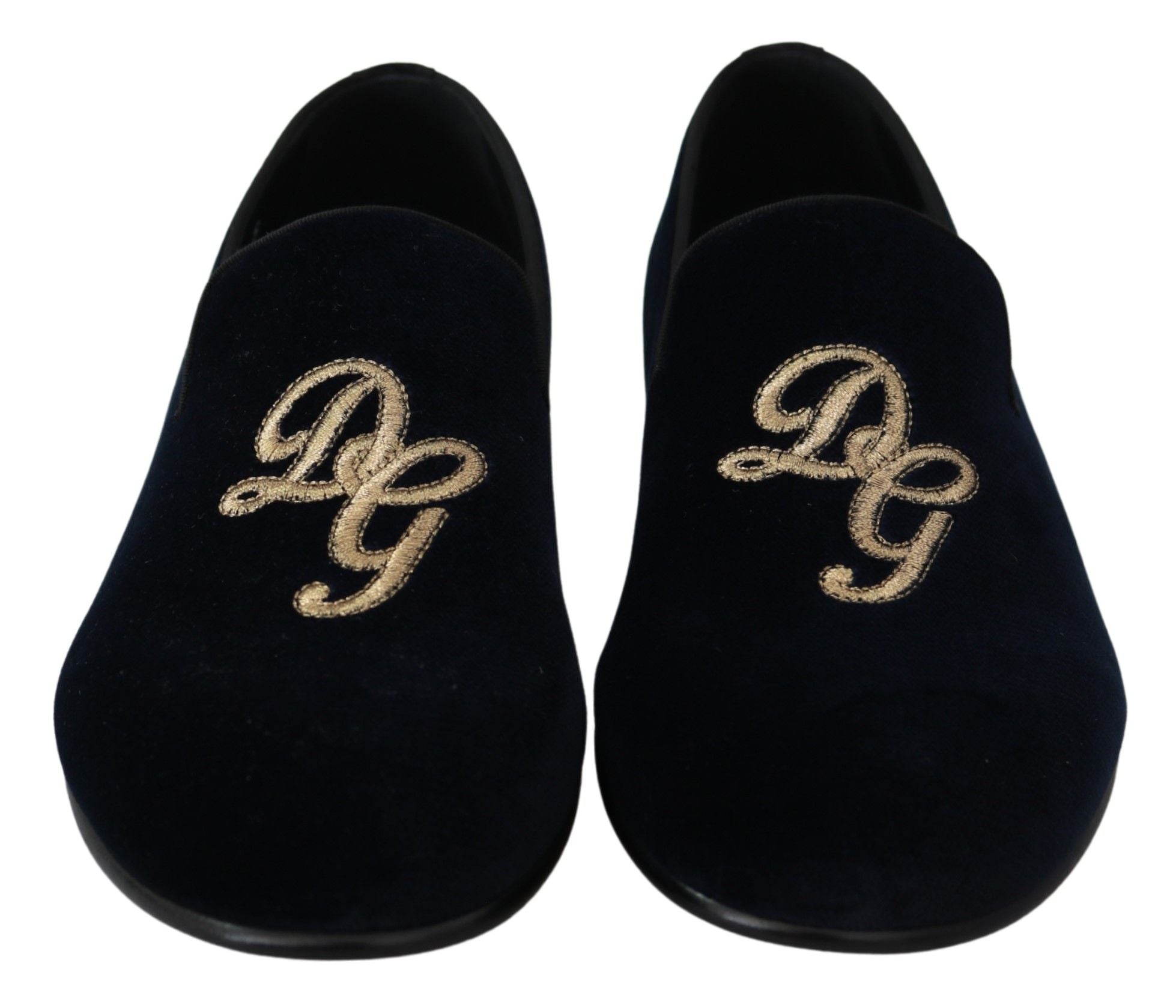 Dolce &amp; Gabbana Blue Velvet Gold Logo Slipper Loafers Shoes