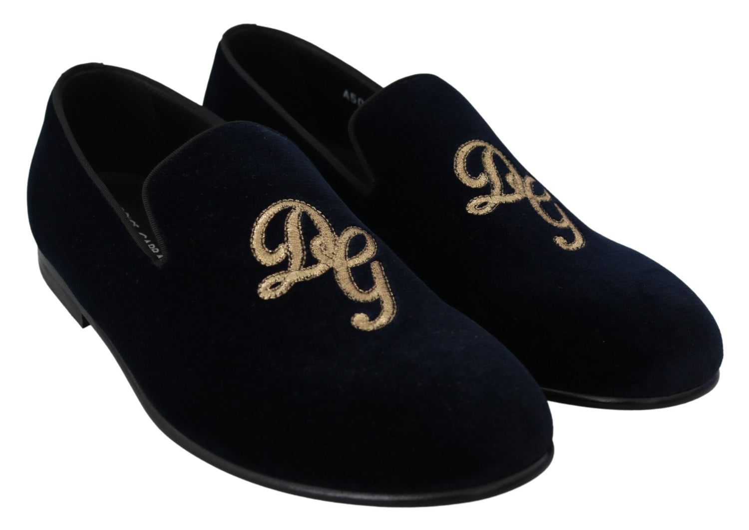 Dolce &amp; Gabbana Blue Velvet Gold Logo Slipper Loafers Shoes