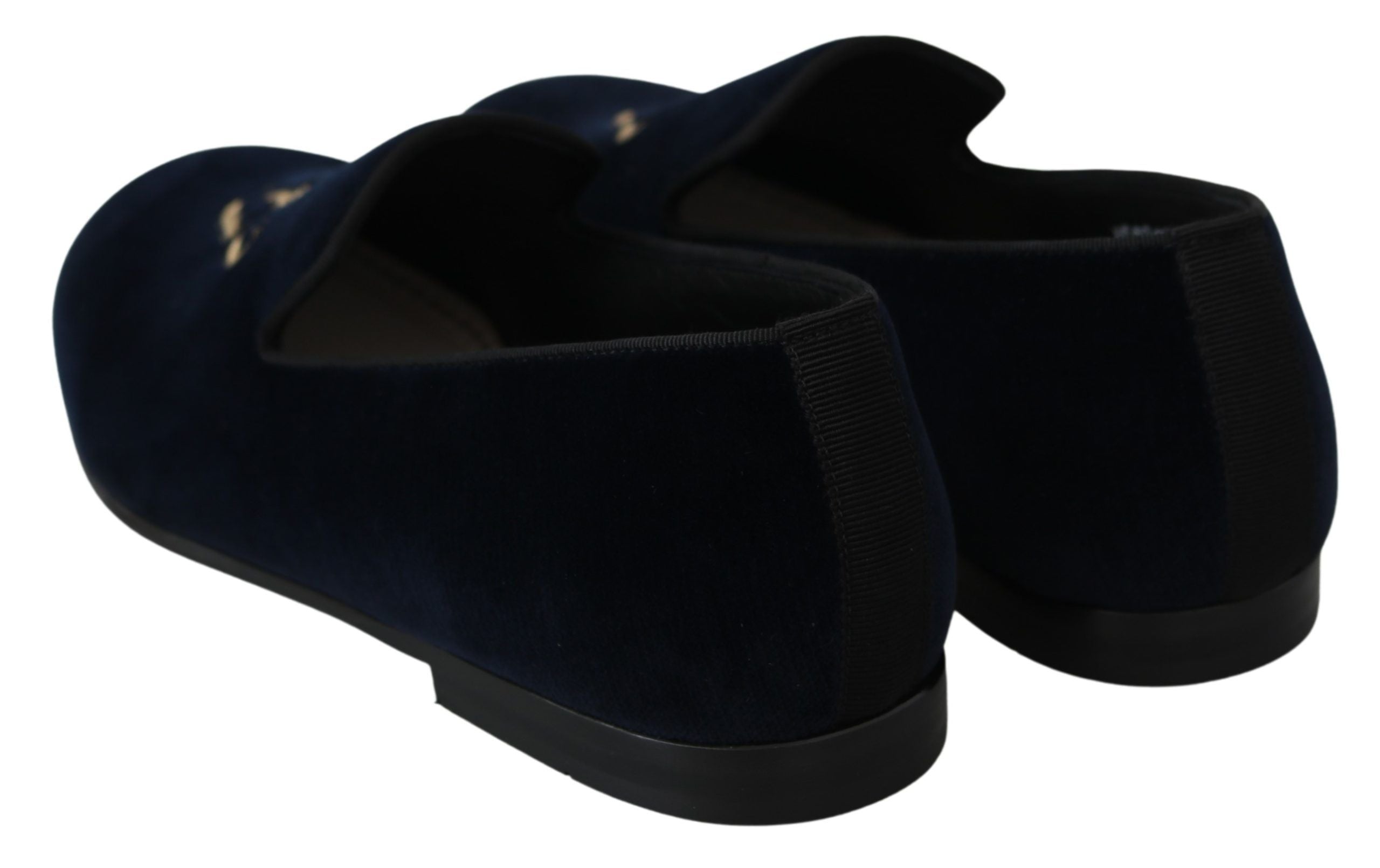 Dolce &amp; Gabbana Blue Velvet Gold Logo Slipper Loafers Shoes