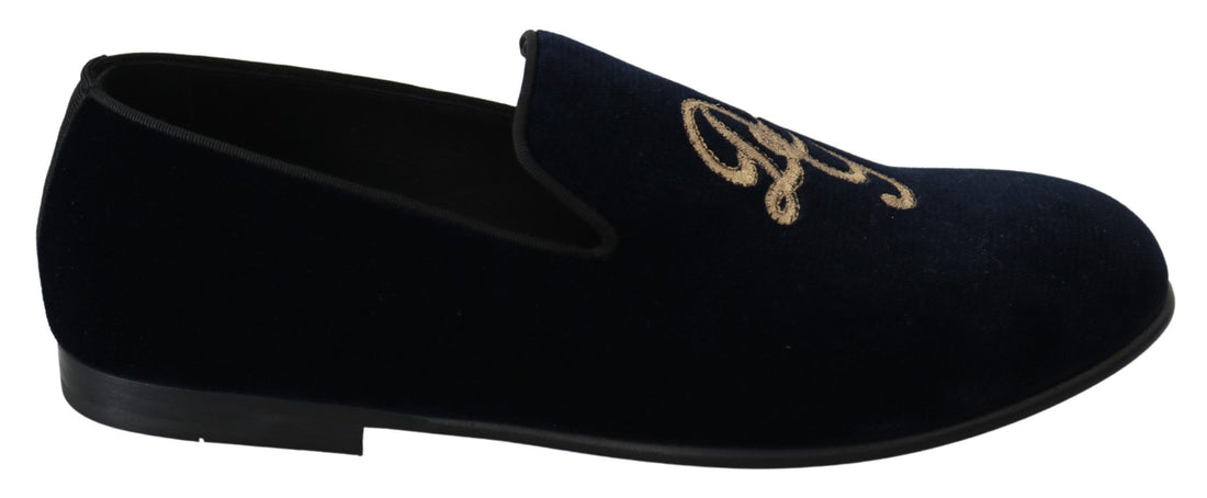 Dolce &amp; Gabbana Blue Velvet Gold Logo Slipper Loafers Shoes