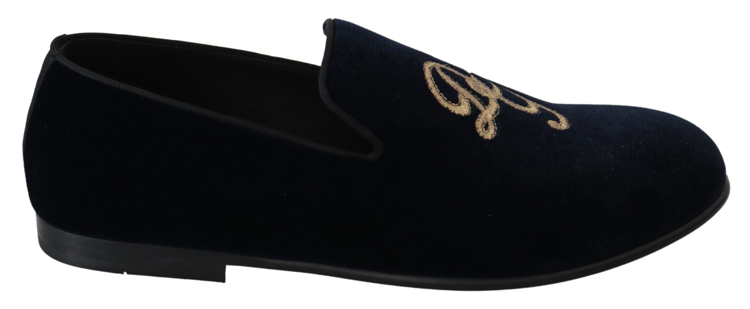 Dolce &amp; Gabbana Blue Velvet Gold Logo Slipper Loafers Shoes
