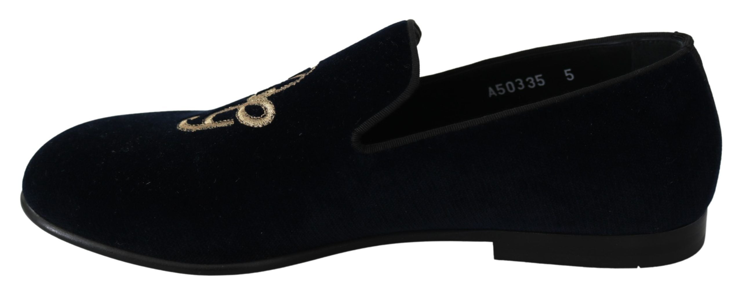 Dolce &amp; Gabbana Blue Velvet Gold Logo Slipper Loafers Shoes
