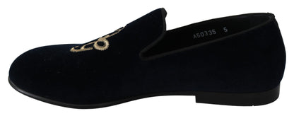 Dolce &amp; Gabbana Blue Velvet Gold Logo Slipper Loafers Shoes