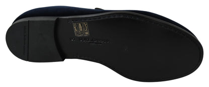 Dolce &amp; Gabbana Blue Velvet Gold Logo Slipper Loafers Shoes