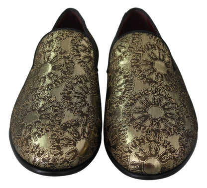 Dolce &amp; Gabbana Gold Jacquard Flats Mens Loafers Shoes